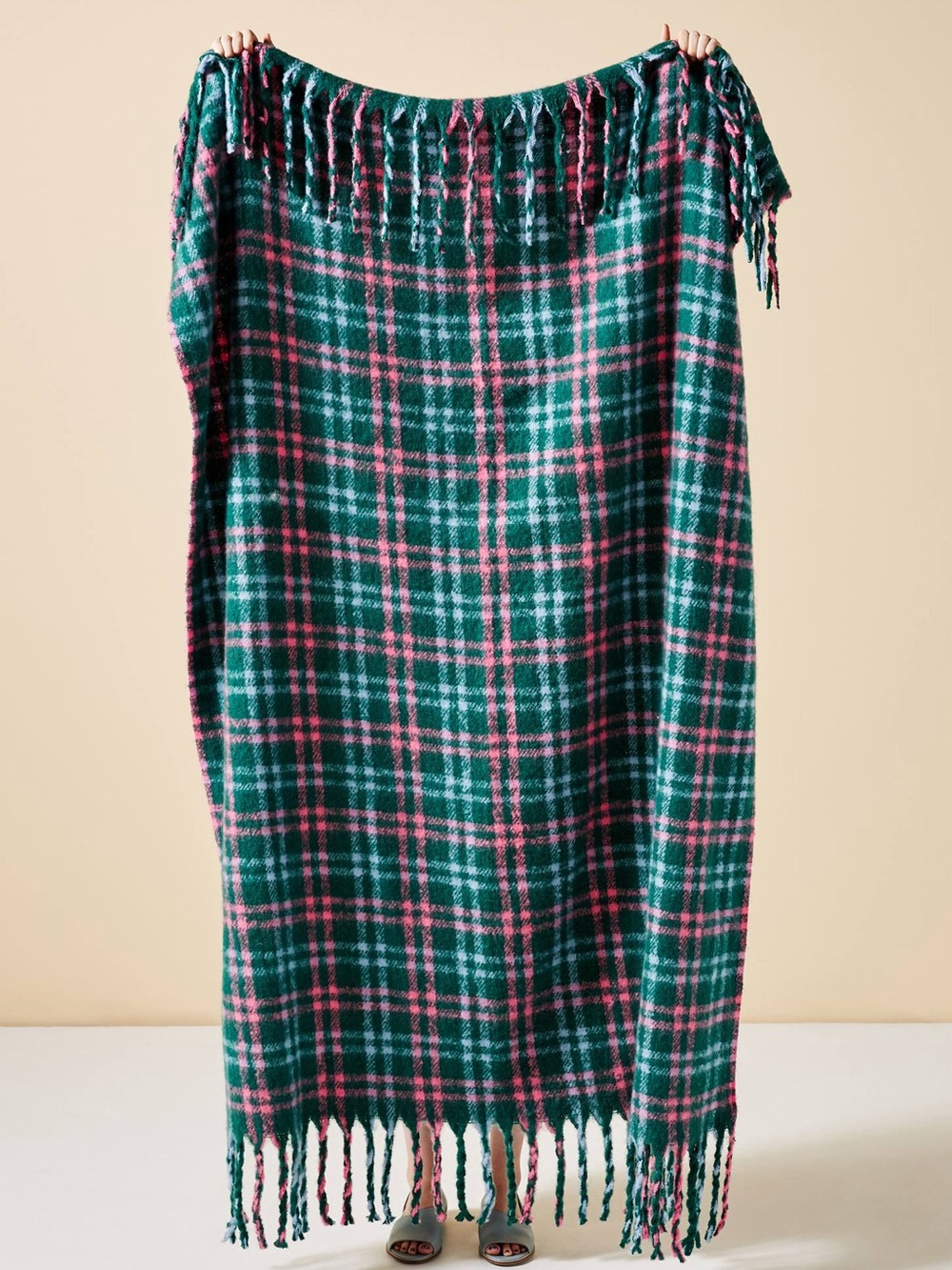Anthropologie Green and Pink Plaid Fringe Throw Blanket